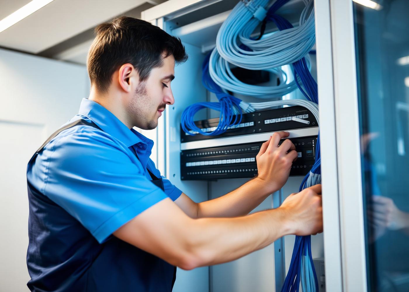 Technician installing patch panel